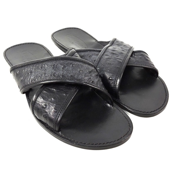 GOODMAN ?? BLACK REAL  OSTRICH LEATHER COMFORT FLAT SUMMER SANDALS main image 5
